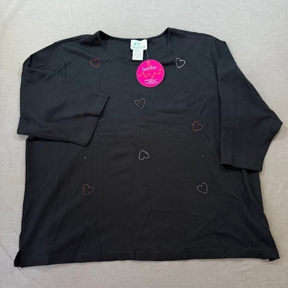 Quacker Factory Black‎ 3/4 Sleeve Embellished Heart Top Plus Size 3X NEW.